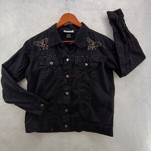 Assetts Vintage Y2K Black Denim Jacket Womens S Butterfly Beaded Rhinestone Jean